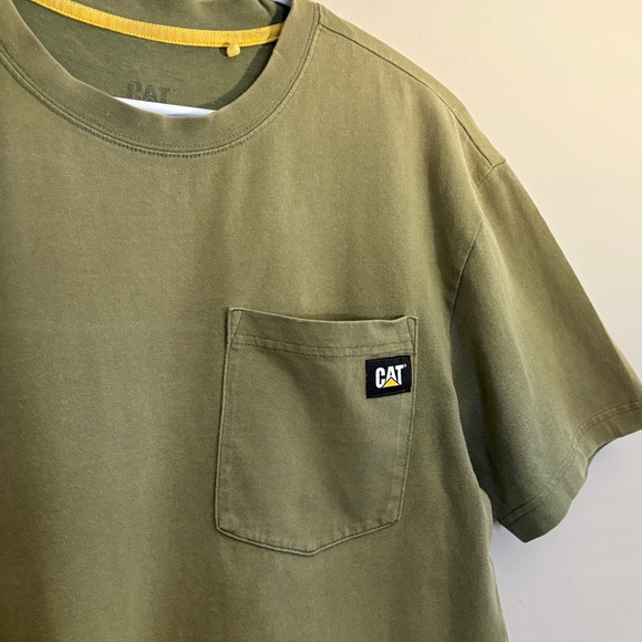 CAT Olive Green Cotton T-Shirt with Pocket & Logo - Picture 3 of 12